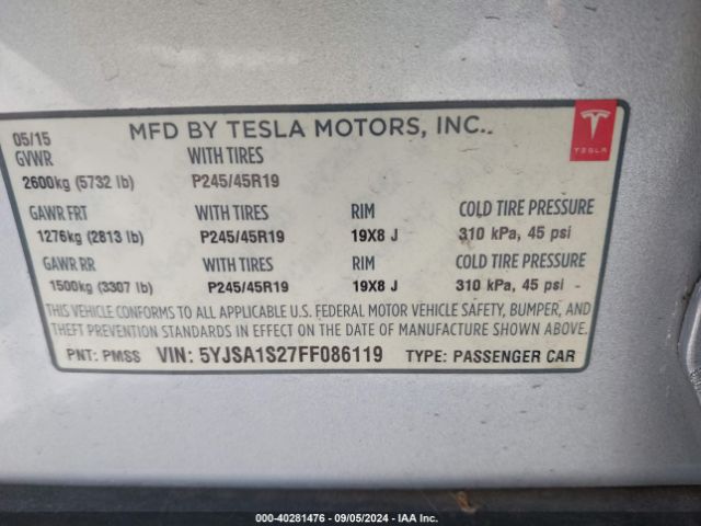 Photo 8 VIN: 5YJSA1S27FF086119 - TESLA MODEL S 