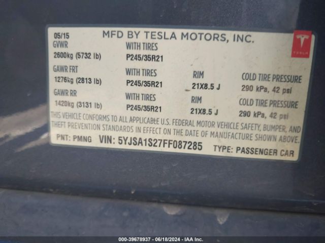 Photo 8 VIN: 5YJSA1S27FF087285 - TESLA MODEL S 