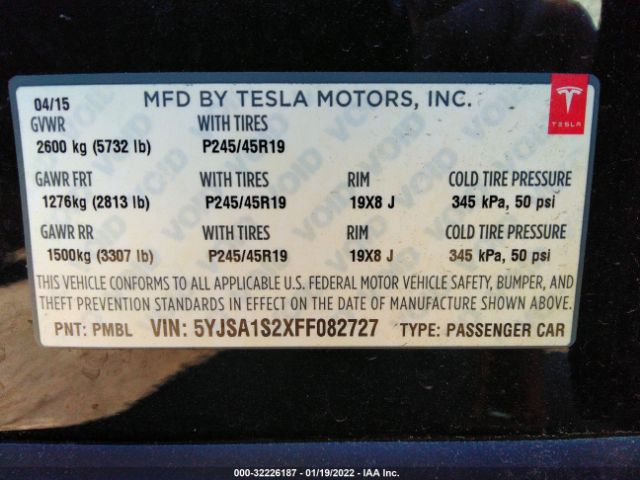 Photo 8 VIN: 5YJSA1S2XFF082727 - TESLA MODEL S 