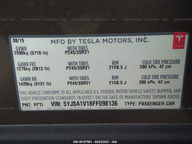 Photo 8 VIN: 5YJSA1V18FF098136 - TESLA MODEL S 