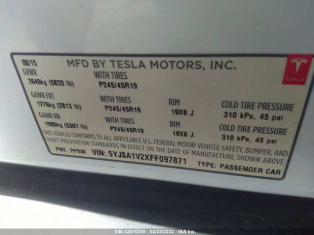 Photo 8 VIN: 5YJSA1V2XFF097871 - TESLA MODEL S 