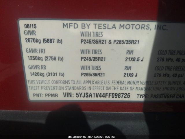 Photo 8 VIN: 5YJSA1V44FF098726 - TESLA MODEL S 