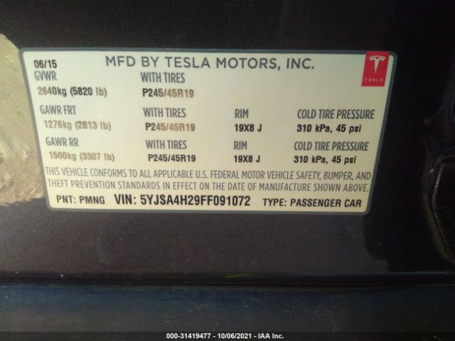 Photo 8 VIN: 5YJSA4H29FF091072 - TESLA MODEL S 