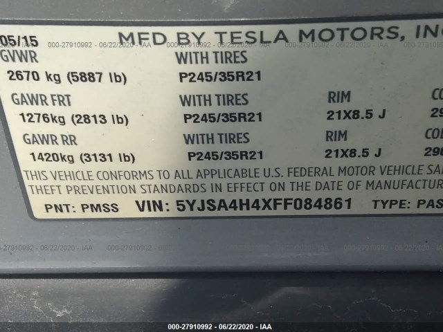 Photo 8 VIN: 5YJSA4H4XFF084861 - TESLA MODEL S 