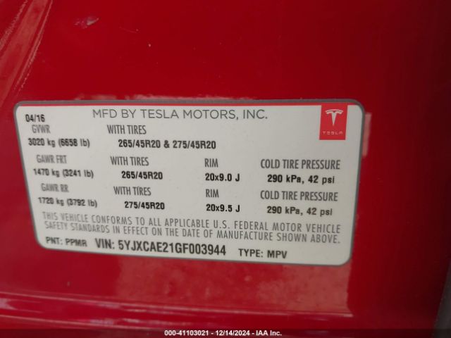 Photo 8 VIN: 5YJXCAE21GF003944 - TESLA MODEL X 