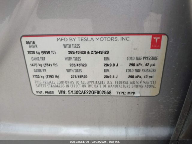 Photo 8 VIN: 5YJXCAE22GF002558 - TESLA MODEL X 