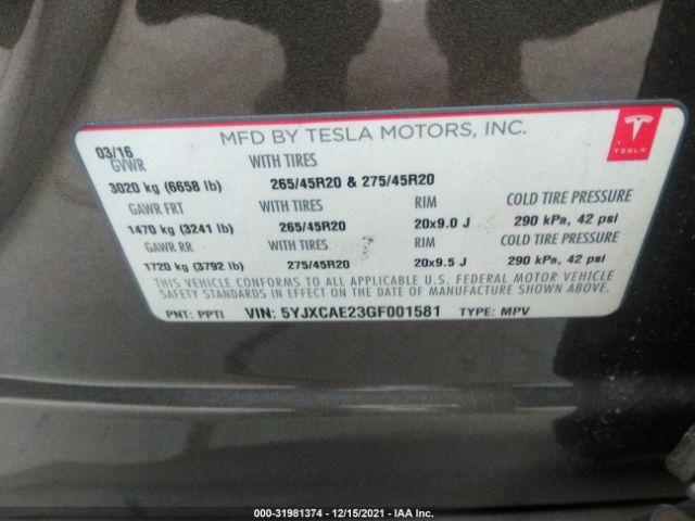 Photo 8 VIN: 5YJXCAE23GF001581 - TESLA MODEL X 