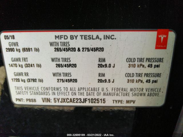 Photo 8 VIN: 5YJXCAE23JF102515 - TESLA MODEL X 