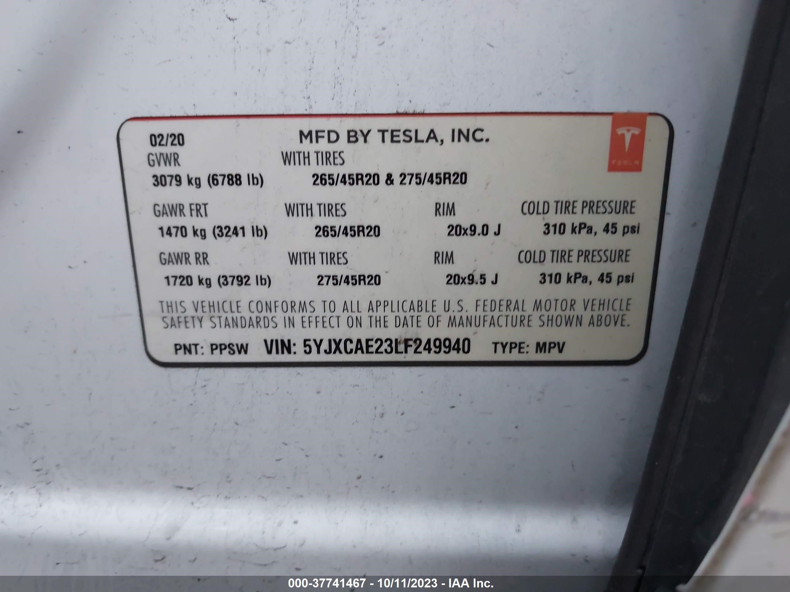 Photo 8 VIN: 5YJXCAE23LF249940 - TESLA MODEL X 