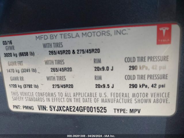 Photo 8 VIN: 5YJXCAE24GF001525 - TESLA MODEL X 