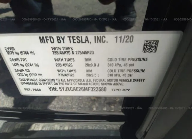 Photo 8 VIN: 5YJXCAE26MF323580 - TESLA MODEL X 