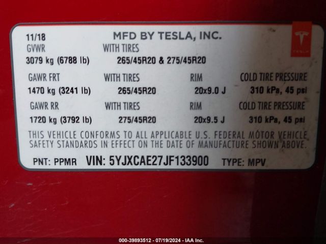 Photo 8 VIN: 5YJXCAE27JF133900 - TESLA MODEL X 