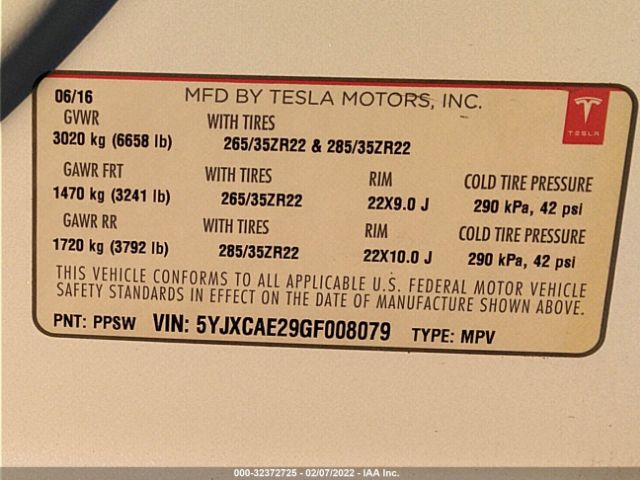 Photo 8 VIN: 5YJXCAE29GF008079 - TESLA MODEL X 