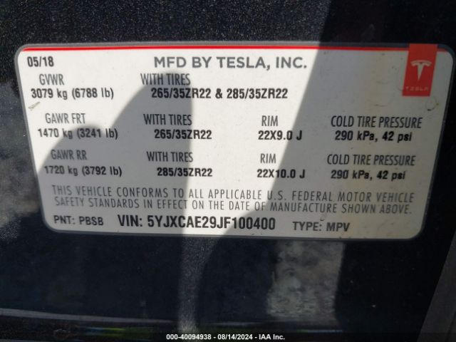 Photo 8 VIN: 5YJXCAE29JF100400 - TESLA MODEL X 