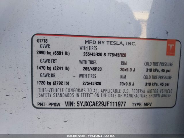 Photo 8 VIN: 5YJXCAE29JF111977 - TESLA MODEL X 