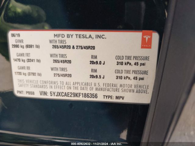 Photo 8 VIN: 5YJXCAE29KF186356 - TESLA MODEL X 