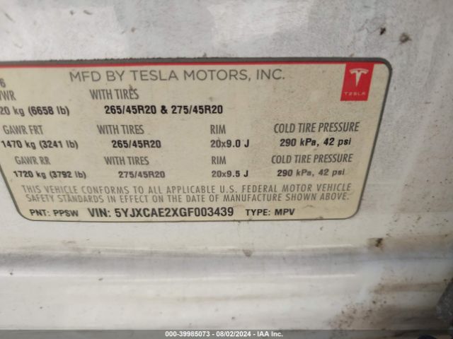 Photo 8 VIN: 5YJXCAE2XGF003439 - TESLA MODEL X 