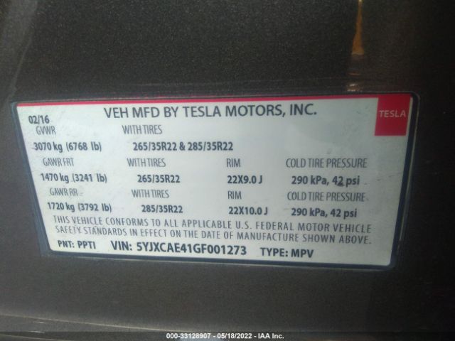 Photo 8 VIN: 5YJXCAE41GF001273 - TESLA MODEL X 