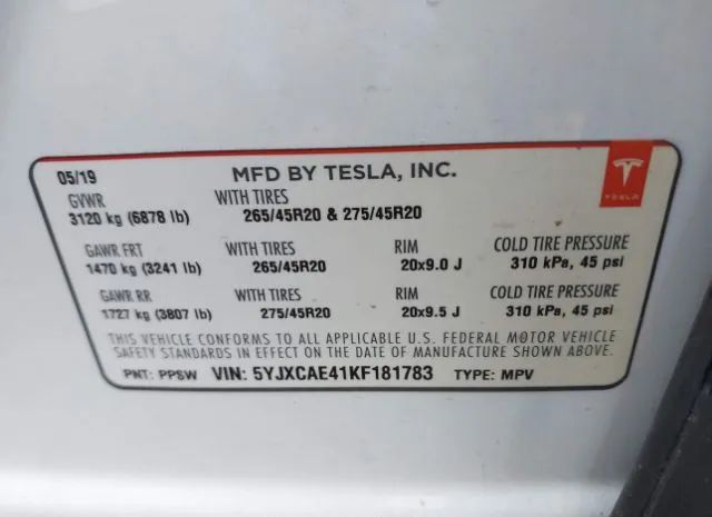 Photo 8 VIN: 5YJXCAE41KF181783 - TESLA MODEL X 