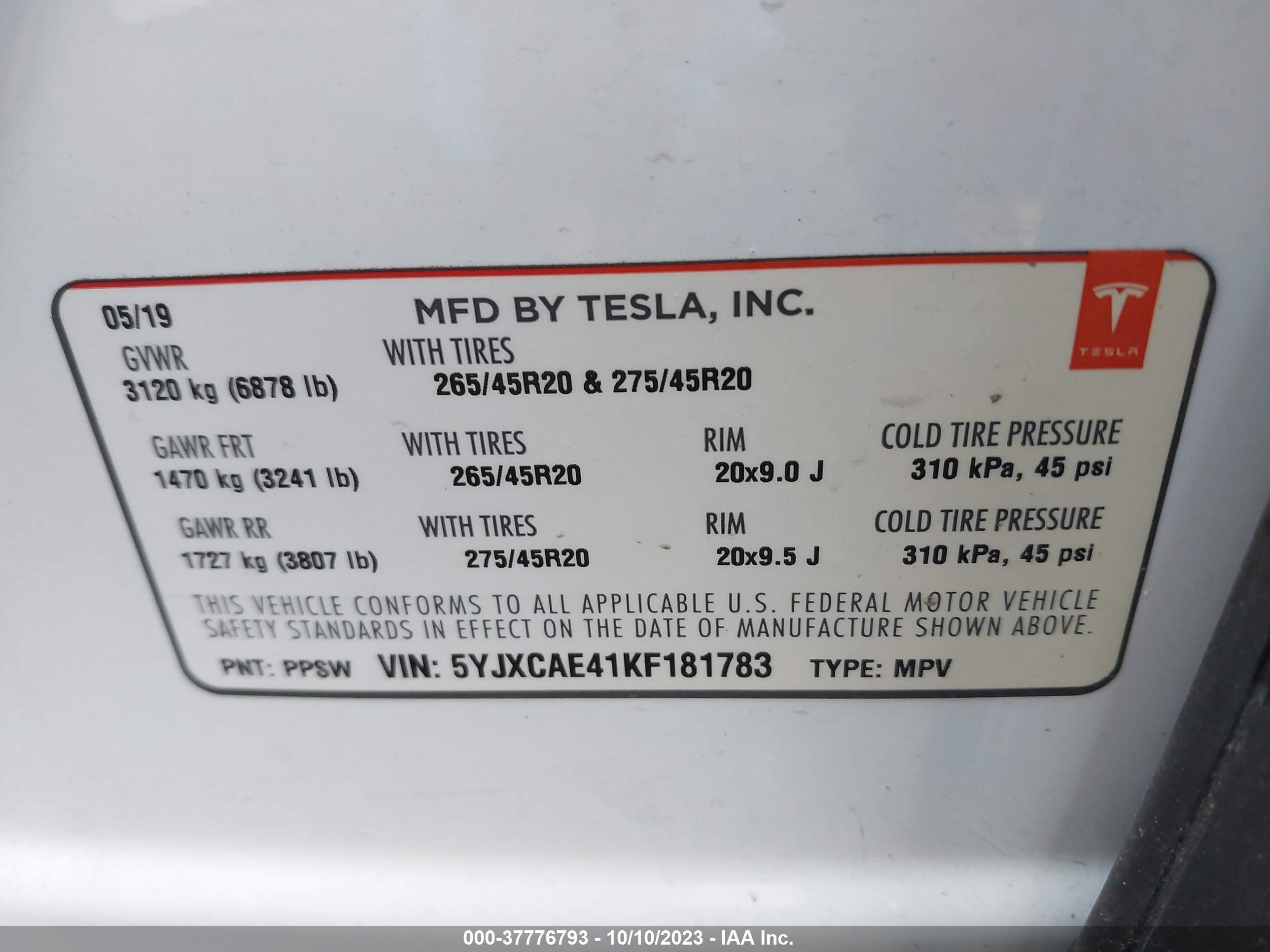 Photo 8 VIN: 5YJXCAE41KF181783 - TESLA MODEL X 