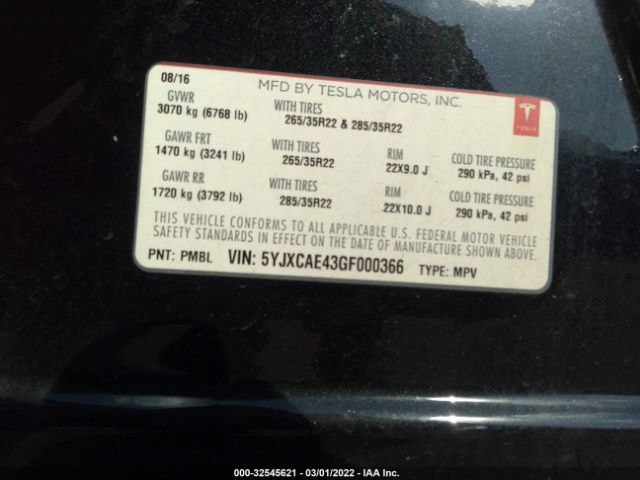 Photo 8 VIN: 5YJXCAE43GF000366 - TESLA MODEL X 