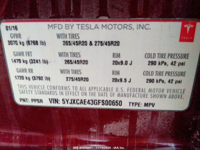 Photo 8 VIN: 5YJXCAE43GFS00650 - TESLA MODEL X 