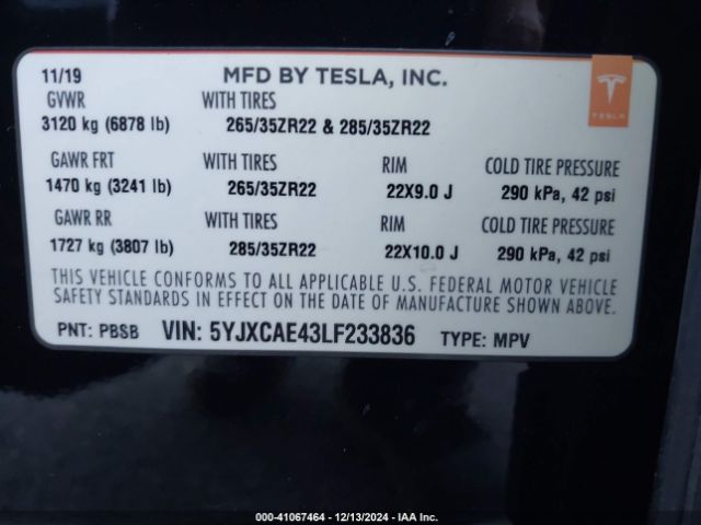 Photo 8 VIN: 5YJXCAE43LF233836 - TESLA MODEL X 