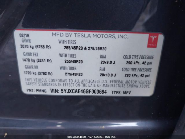 Photo 8 VIN: 5YJXCAE46GF000684 - TESLA MODEL X 