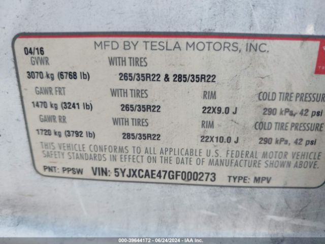 Photo 8 VIN: 5YJXCAE47GF000273 - TESLA MODEL X 