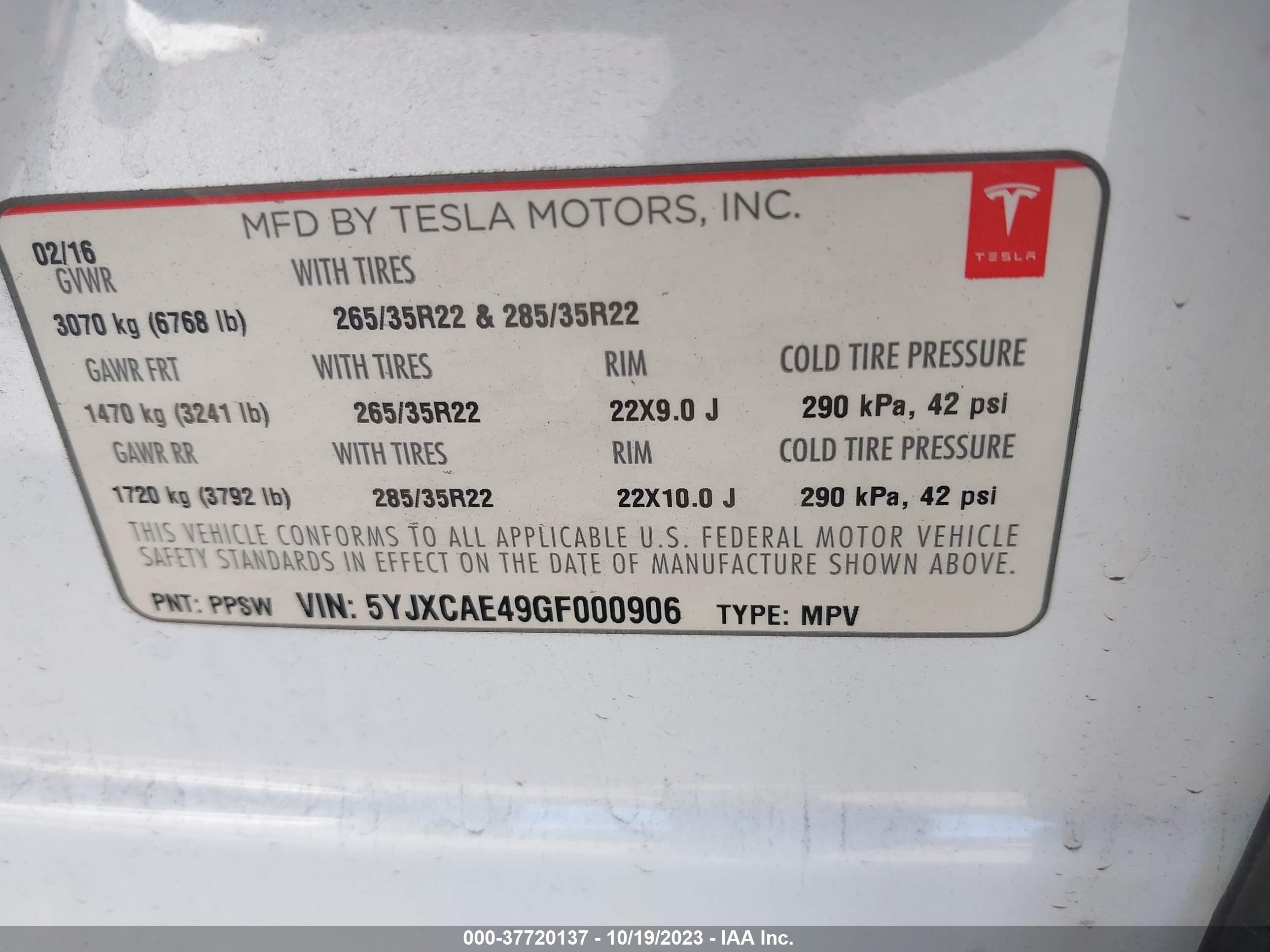 Photo 8 VIN: 5YJXCAE49GF000906 - TESLA MODEL X 