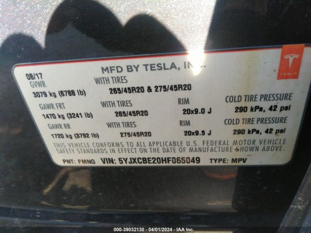 Photo 8 VIN: 5YJXCBE20HF065049 - TESLA MODEL X 