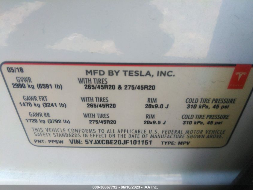 Photo 8 VIN: 5YJXCBE20JF101151 - TESLA MODEL X 