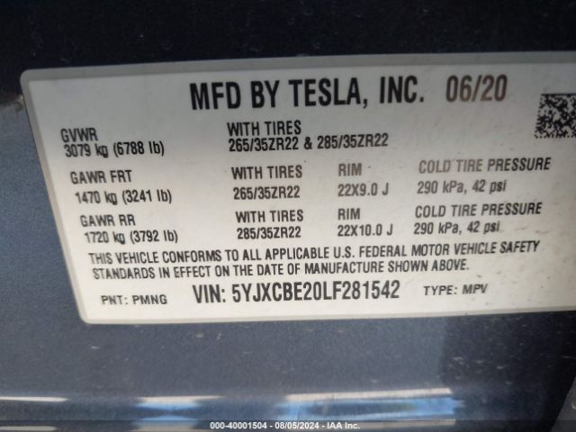 Photo 8 VIN: 5YJXCBE20LF281542 - TESLA MODEL X 