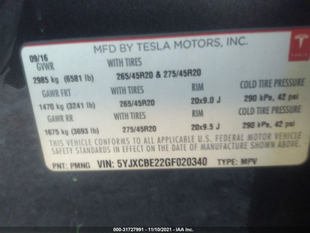 Photo 8 VIN: 5YJXCBE22GF020340 - TESLA MODEL X 