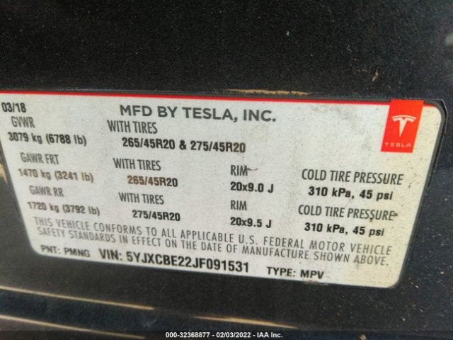 Photo 8 VIN: 5YJXCBE22JF091531 - TESLA MODEL X 