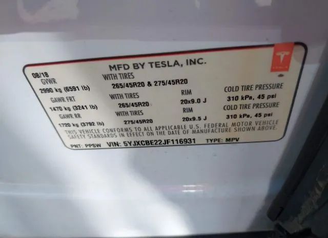 Photo 8 VIN: 5YJXCBE22JF116931 - TESLA MODEL X 