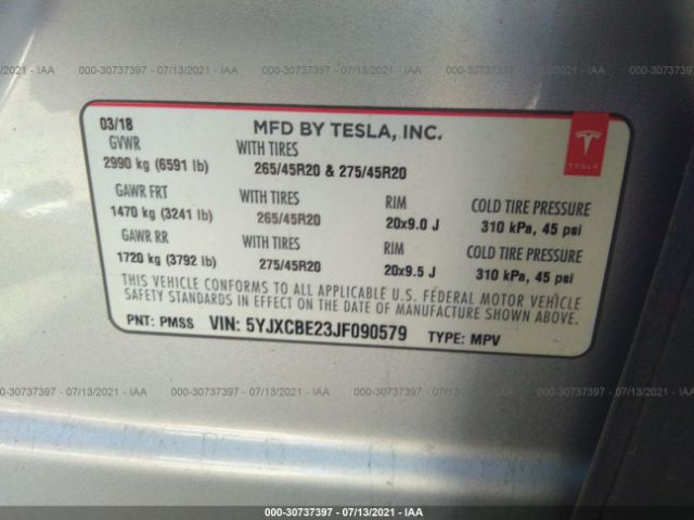 Photo 8 VIN: 5YJXCBE23JF090579 - TESLA MODEL X 