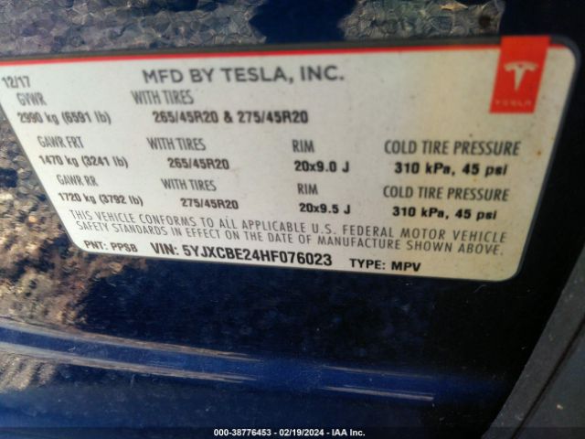 Photo 8 VIN: 5YJXCBE24HF076023 - TESLA MODEL X 