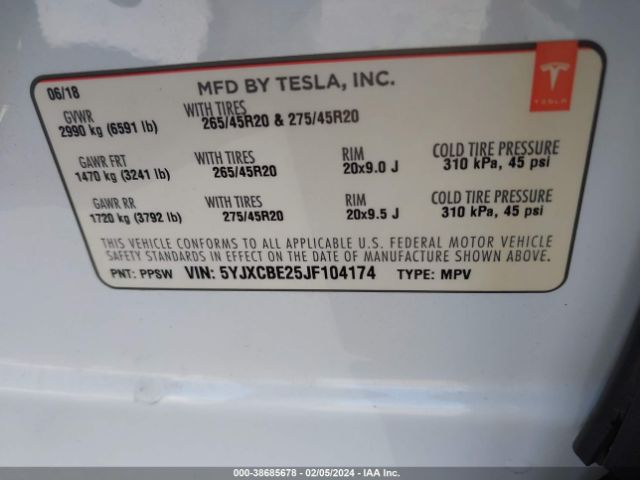 Photo 8 VIN: 5YJXCBE25JF104174 - TESLA MODEL X 