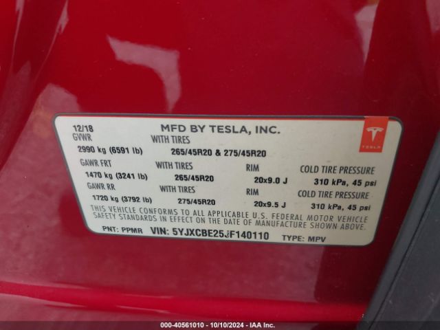 Photo 8 VIN: 5YJXCBE25JF140110 - TESLA MODEL X 