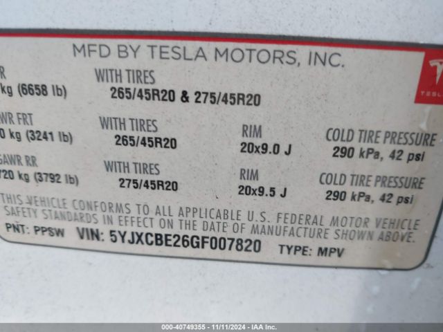 Photo 8 VIN: 5YJXCBE26GF007820 - TESLA MODEL X 