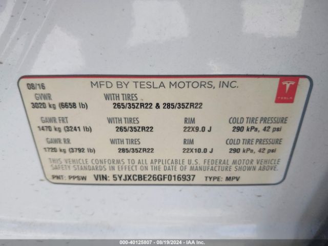 Photo 8 VIN: 5YJXCBE26GF016937 - TESLA MODEL X 