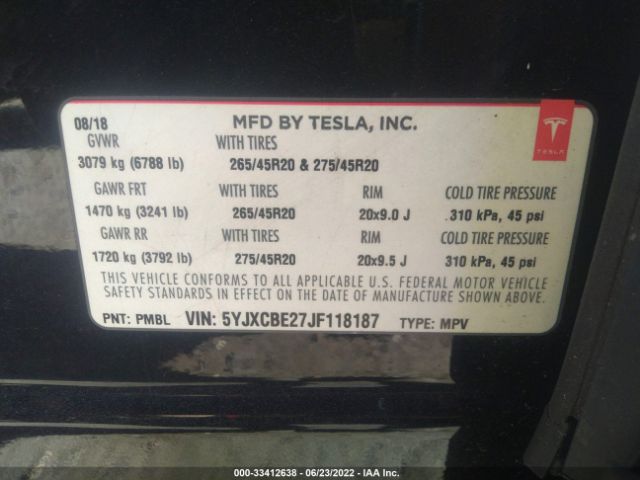 Photo 8 VIN: 5YJXCBE27JF118187 - TESLA MODEL X 