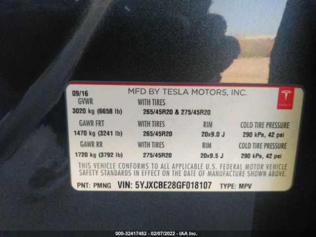 Photo 8 VIN: 5YJXCBE28GF018107 - TESLA MODEL X 