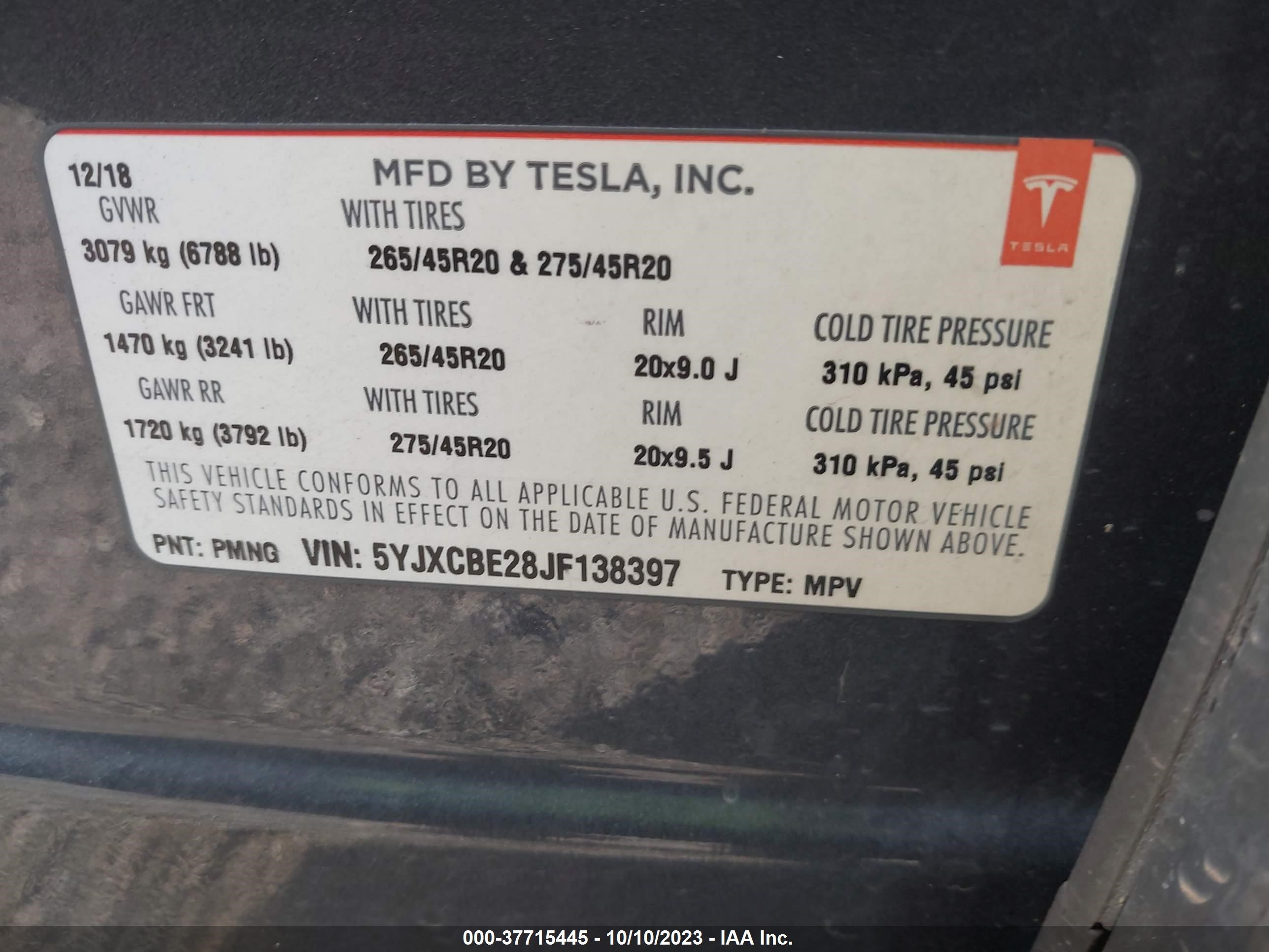 Photo 8 VIN: 5YJXCBE28JF138397 - TESLA MODEL X 