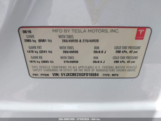 Photo 8 VIN: 5YJXCBE2XGF016584 - TESLA MODEL X 