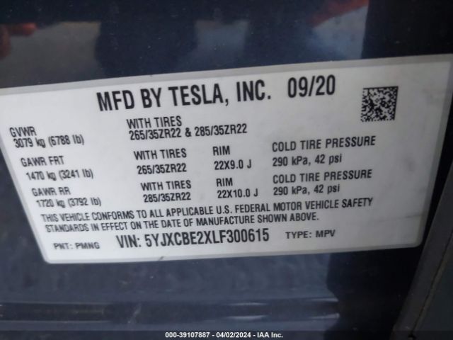 Photo 8 VIN: 5YJXCBE2XLF300615 - TESLA MODEL X 