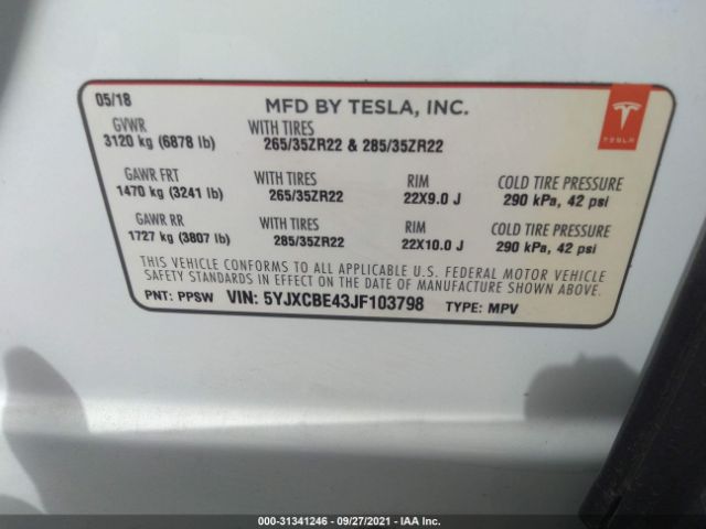 Photo 8 VIN: 5YJXCBE43JF103798 - TESLA MODEL X 