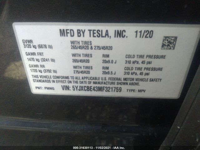 Photo 8 VIN: 5YJXCBE43MF321759 - TESLA MODEL X 