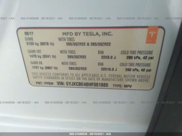 Photo 8 VIN: 5YJXCBE48HF051885 - TESLA MODEL X 